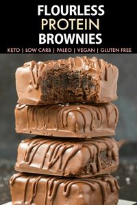 Flourless 4-Ingredient Keto Protein Brownies (Paleo, Vegan, Low Carb)- Easy and healthy fudgy gooey protein brownies made with NO sugar and NO eggs- A healthy ketogenic dessert or post workout snack! #proteinbrownies #proteinpowder #ketodessert #lowcarb #veganbaking | Recipe on thebigmansworld.com