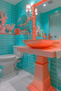 Coral Cove Washroom takes inspiration from the vibrant ecosystems of coral reefs, with bold corals, pinks, and oranges used in the decor. Accent walls may feature coral-patterned wallpaper, and accessories like towels and bath mats in bright, reef-inspired colors add pops of vibrancy. The sink and bathtub might be custom designs that mimic the shapes of coral structures, and lighting is soft and warm to enhance the rich colors. This bathroom is lively and energetic, perfect for those who love the vibrant life of coral reefs; tap for more coral cove washroom ideas.