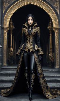 Discover a variety of stunning dresses and other gothic attire by following the link! This magnificent gothic outfit features a regal black coat adorned with intricate gold embroidery, a fitted corset, sleek black pants, and matching embroidered boots, creating a look of unparalleled dark elegance. #GothicFashion #ImperialGoth #DarkElegance #GothicStyle #FashionInspiration #AI