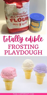 Learn how to make incredible edible playdough with frosting! This is such a simple two ingredient play dough recipe, and it is totally safe to eat too. Perfect for preschool, prek, toddlers, kids adore this sensory play time idea. Make this at home or in the preschool classroom, this is a homemade play dough recipe that comes together in no time. Sensory bin ideas to create a dramatic play time with ice cream shop fun or just enjoy the sensory learning. Hands on sensory activity that your kids will want over and over. So simple, so fun! Team-Cartwright.com Edible play dough recipe. Edible sensory play. Edible sensory activity.