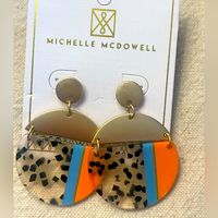 Haven Earring Acrylic With Black Dot Pattern With Orange And Blue -Gold Accents 2” L Nwt