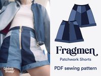 ** This is a digital file to sew your own garment, not a finished product ** Fragmen are wide leg shorts with plenty of room at the thighs, wide folded hems, large front pockets and an exposed zipper. You have the choice of a patchwork cutout in the back or not.  Recommended fabric  Any stable woven fabric such as thick cotton, twill, denim, velvet... The patchwork version will be perfect for using your scraps or upcycling your old jeans!  Notions * 140 cm (55") wide fabric : 80cm (31 1/2") for