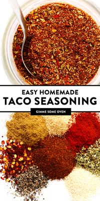 This homemade taco seasoning recipe is easy to make in just a few minutes with ingredients you already have in your spice cabinet. And it tastes great with everything from proteins (chicken, beef, pork, shrimp, tofu, etc.) to veggies, rice, beans, dips, salsa and more. | gimmesomeoven.com