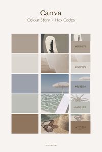 A resort themed neutral colour palette in shades of brown, beige, blue, and green. Type these hex codes into the colour field on Canva to use for your next design. Feature available with Canva Pro. Note: Transparency is set to 80. #colorinspiration #colorschemes