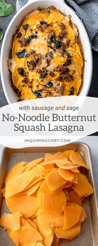 Get your cheesy, vegetable-packed, cozy fix with this lasagna-inspired casserole that uses tender slices of butternut squash in place of traditional noodles.