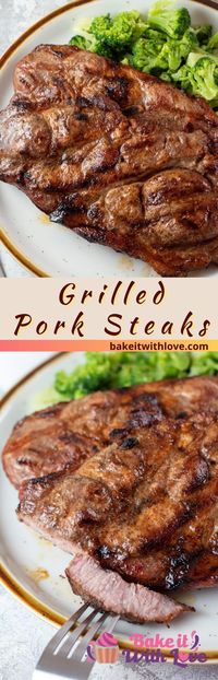 These grilled pork steaks are juicy and tender steaks that have been generously seasoned and seared to perfection. This delicious dinner option is perfect for any occasion, no matter the time of year. Grilled pork steaks are sure to be a new family favorite recipe! Get the full recipe at BakeItWithLove.com #bakeitwithlove #grilled #pork #dinner #recipe