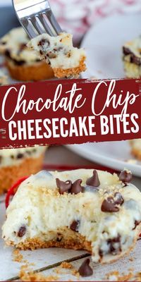 Chocolate Chip Cheesecake Bites! Easy Dessert Recipe and the perfect combination of chocolate chips and cheesecake in one. The graham cracker crust is my favorite! #lemonpeony #chocolatechip #cheesecake #bites #dessertrecipes