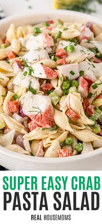 Fresh, bright, and bursting with summer seafood flavor, this Crab Pasta Salad is the ultimate summer potluck side dish! #RealHousemoms #crab #pastasalad #crabmeat #immitationcrab #sidedish #potluck #cookout #seafood