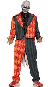 Thriller Teen Boy's Evil Clown Tuxedo Halloween Costume  Scare your friends and family alike at your next Halloween party in style with this printed scary clown tuxedo costume for teens! Made by Underwraps, this boy's orange, red and black clown Halloween costume is the perfect fancy dress outfit for your next Sinister Circus themed event, or Halloween costume party! Feel both spooky and dapper at your next dress up party with this thriller clown teen boy's Halloween tuxedo costume!  Includes: