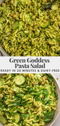 This green goddess pasta salad blends together summer greens, herbs and creamy avocado and tosses it together with your favorite pasta. An easy and flavorful weeknight dinner ready in 20 minutes.