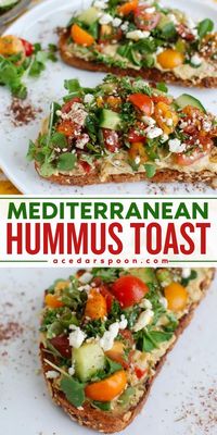 Start the day with this Mediterranean breakfast toast! Complete with vegetables, herbs, feta, and za'atar, this healthy breakfast recipe is so tasty. You'll also want this breakfast toast as an easy healthy snack!