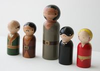 vizzini, inigo montoya, fezzik, westley, and buttercup; wooden dolls from mates&rubbish;.