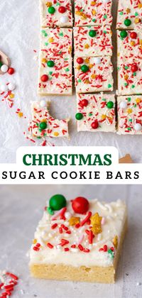 You have to try these Christmas sugar cookie bars this holiday season. They are made with sugar cookie dough and topped with luscious vanilla buttercream and then decorated with your holiday sprinkles of choice.