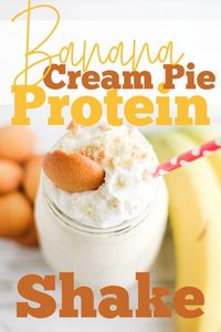 This healthy banana cream pie protein shake combines banana with protein powder and pudding mix for a delicious protein-packed shake that the whole family will love. Topped with vanilla wafter and whipped cream.