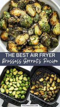 These Air Fryer Brussel Sprouts are perfectly seasoned with olive oil, salt and pepper and crisped up in the air fryer then drizzled with a super delicious dijon lemon dressing. Just the best way to enjoy crispy roasted Brussel sprouts. Vegan, gluten free and ready in 15 minutes! The easiest healthy side dish!