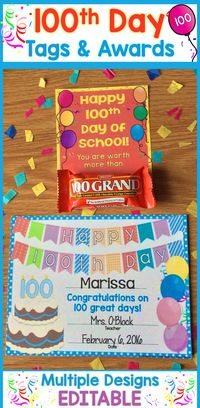 Easily create personalized & memorable awards, treat tags, & crowns for your 100th Day of School celebration. Simply customize the editable fields and print. https://www.teacherspayteachers.com/Product/100th-Day-of-School-Awards-Certificates-Crown-Tags-Bag-Toppers-Editable-2952741