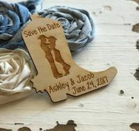 "25 Save the Date Wedding Favor Boot magnets. They are made from 1/8\" Baltic Birch and have a very strong magnet on the back. They are laser cut and sayings are laser engraved so they will not smear or fade like some inks do if they get wet. These will stand the test of time. Engraved with this saying, Bride & Grooms name, and Date. Please put the information you want on them in the notes area when you check out. * These magnets come engraved with \"Save the Date\". If you would like a diff