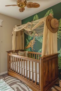 Transform your baby boy's room into a prehistoric paradise with our dinosaur nursery theme. Neutral decor accented with shades of blue sets the backdrop for space-inspired dino art, offering a unique blend of cosmic exploration and ancient earth.