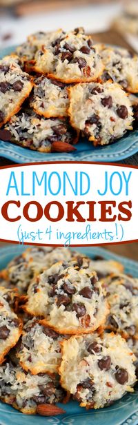 These easy Almond Joy Cookies take just four ingredients and don't even require a mixer! No beating, no chilling, just mix 'em up and throw 'em in the oven EASY! You're going to love these ooey gooey fabulous cookies! // Mom On Timeout #almondjoycookies #almond #coconut #chocolate #cookies #recipe #momontimeout