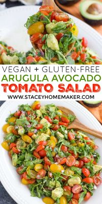 This vegan arugula salad is the most flavorful healthy side dish! It's loaded with spicy arugula, juicy grape tomatoes, fresh basil, and creamy avocado chunks tossed in a tangy balsamic vinaigrette. This vegan side dish is easy to make and it's ready in 20 minutes! #VeganArugulaSalad