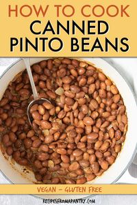 Learn How To Cook Canned Pinto Beans so you can quickly and easily whip up a healthy and affordable dish without much time and effort. This canned pinto beans recipe is perfect for busy weeknights when you need to get dinner on the table fast. These easy pinto beans can be served as a main dish, side dish, or incorporated into other recipes. Simply double this recipe for potlucks and game day gatherings. Click through to learn how to cook canned pinto beans!! #pintobeans #cannedbeans #howtocook