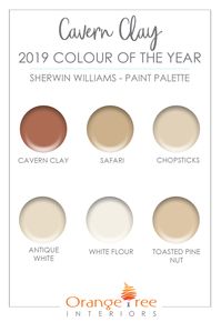 Looking for paint colours that coordinate well with Sherwin Williams' 2019 color of the year - Cavern Clay? Try this paint palette or check out my online paint consult service for other other options. #coty #2019coty #paintcolors #cavernclay #sherwinwilliams