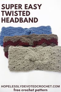 This unique crochet twisted headband pattern is easy and versatile you can make it any color your heart desires! It works up very fast using only the Shell Stitch crochet stitch with a little bit of a twist! You will love this cute free crochet pattern. The perfect gift!