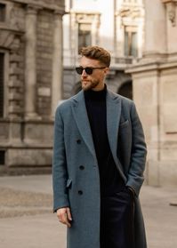 Fall winter wear - Men’s Wear - Workwear - Blue and black ensemble - Black sunglasses - Black turtleneck | via IG @ benbrewster