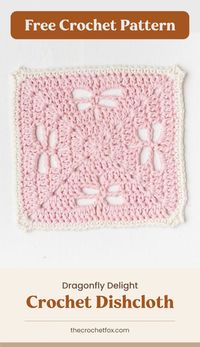 Liven up your kitchen this spring by making this dainty but sturdy crochet square dishcloth. This easy crochet pattern features a simple stitch pattern that's worked in the round to create a dragonfly motif. | More free crochet patterns at thecrochetfox.com