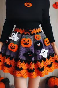 Halloween-themed crochet skirt with pumpkins, ghosts, and bats. Easy and customizable recipe for your spooky Halloween look!