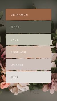 Rustic Romance: Infuse your branding or wedding with rustic romance using this soft earth tones palette. Brown, moss green, sage green, muted rose, blush, and grey come together to create a timeless and enchanting color scheme. Ideal for autumn weddings and small business branding, these colors evoke warmth and charm, making your event or brand unforgettable. #RusticRomance #SoftEarthTones #WeddingPalette