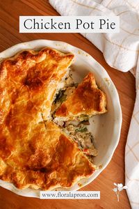 With a creamy yet light filling made from celery and mushrooms, this cozy homemade chicken pot pie is ideal for cold nights where you need warming up! Instead of the traditional country vegetables in the filling, I make my pot pies with celery and mushrooms (a favorite ingredient recently). The mushrooms and celery provide the texture and flavor that I have been wishing I had with peas and corn for years now.  I use my all-butter pie crust for both crusts and a simple but thick bechamel sauce with vegetables and pre-cooked chicken for ease. The result is a no-fuss homemade chicken pot pie that my husband and father-in-law say is far better than the frozen chicken pot pie from Marie Callender's.