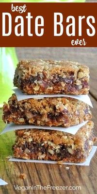 Best Date Bars Ever are two layers of a delectable oatmeal crust, filled with a sweet date mixture - a baked to vanilla/almond scented dessert. #datebars #dessertrecies #daterecipes #veganrecipes #dessertrecipes