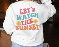 Let's Watch The Sunset Sweatshirt,Summer Sweatshirt, Retro Beach Sweatshirt, Sunset Sweatshirt, Beach Lover Hoodie, Gifts for Girl Processing time is 1-2 business days! Shipping from TX, USA. *Please send us a message if you have any questions regarding colors, sizes, and designs.* To order: -Pick a color and size, select quantity, and add to your cart. How to wash? -Make sure to turn the shirt inside out before washing. -Select gentle cycle and use warm water. -Do NOT iron over the design(foil). -Do NOT dry clean. Iron on Shirts with DTF Printing!