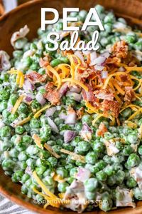 This green pea salad recipe is an easy and delicious bacon filled salad recipe that the whole family loves! #spendwithpennies #peasalad #salad #peas #sweetpeasalad #greenpeasalad #easypeasalad #peasaladrecipe