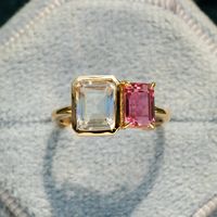 "Toi Et Moi Ring/Two Stone Tourmaline Moonstone Ring/Emerald Cut Ring/Double Stone 14K Gold Bezel Ring/You and Me Ring/Unique Engagement Ring ★ ★ ★ ★ CUSTOM/DUTY-FREE SHIPPING WORLDWIDE, BUYERS DON'T HAVE TO PAY ANY CUSTOM FEES WHILE IMPORTING ★ ★ ★ ★ Details Made to order Material: 14k/18k Gold Color Options: Yellow Gold, White Gold, Rose Gold ★ Stone 1 Pink Tourmaline, Emerald Cut Size: 5x7mm Approx Weight (Ct): 1.275 ★ Stone 2 Rainbow Moonstone, Emerald Cut Size: 6x8mm Approx Weight (Ct): 1.4