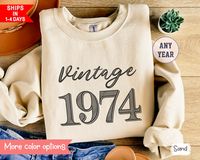 Celebrate the iconic year of 1974 with this vintage-inspired 50th birthday crewneck sweatshirt, a perfect gift for both men and women. Featuring a stylish retro design, this pullover proudly showcases the timeless birth year of 1974 for a nostalgic and cherished birthday celebration. Interested in the t-shirt with the same design? If so, take a look right here: https://www.etsy.com/listing/1664257025/ We print using direct-to-garment (DTG) technology on heavy blend Gildan 18000 Unisex Crewneck Sweatshirt. This stay-in-style sweatshirt fits like a well-loved favorite. ⚠ This is NOT an embroidered sweatshirt. ✦ MAKE IT UNIQUE and Customize this sweatshirt for FREE!  (i.e. if you want the design in a different color, etc.) First, just shoot us a message BEFORE purchasing and we will work with