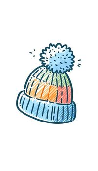 An endearing sketch of a striped winter hat in shades of blue, orange, and pink. It features a ribbed texture and is topped with a fluffy pom-pom in light blue. The illustration uses light strokes and dots to give a sense of softness and warmth, ideal for a cozy winter theme.