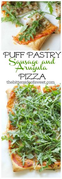 Puff Pastry Sausage and Arugula Pizza is sweet, savory, and spicy. The bite of arugula pairs perfectly with sweet puff pastry and moreish Italian sausage. #puffpastry #pizza