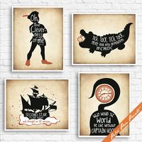 "Boys Room Wall Art Set of 4 Unframed Peter Pan Prints Pirate Nursery Decor Neverland Baby Shower Adventure Nursery Prints Baby Boy Gift Series 4A Colors Featured in Treasure Map with Black and Brown Accents This set includes 4 Prints only... 1. Peter Pan  2. Crocodile 3. Captain Ship 4. Hook THIS LISTING IS TO PURCHASE an ART PRINT. The Story Book Collection is meant to inspire and teach, by rekindling our memories of the stories we cherish. Through stories we learn to laugh, compose, perform,