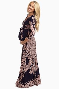 Navy-Blue-Pink-Printed-Draped-Maternity-Maxi-Dress