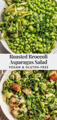 This roasted broccoli asparagus salad is tossed in a creamy roasted garlic lemon dressing that will make you excited about getting your vegetables in.