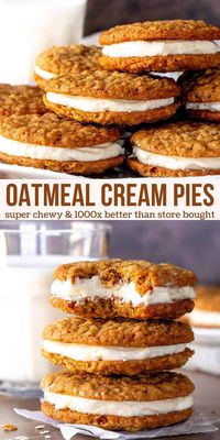 These oatmeal cream pie cookies are incredibly chewy with a hint of cinnamon, brown sugar and vanilla. The filling is deliciously creamy and not too sweet either. They're the homemade version of the classic Lil' Debbie cookies, but so much better! #cookies #oatmealcreampies #oatmealcremepies #lildebbie #homemade #sandwichcookies #oatmealcookies from Just So Tasty