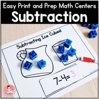 Hands-on math activities to build students' subtraction skills. Students practice subtracting within 10 using a variety of engaging centers. Reinforce basic facts knowledge by using different strategies to subtract: number line, picture, manipulatives, and ten frame.Easy Print and Prep: Simply print out the works mats, cut if needed, and laminate or put in protective sleeves.What is covered: subtracting with a number line, subtracting using a picture, subtracting using manipulatives, writing mat