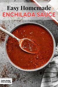 Enchilada Sauce DIY: Whip up homemade enchilada sauce in just 15 minutes! Easy recipe using tomato sauce and simple pantry ingredients. It's quick, cost-effective, and so much better than canned. Plus, easy to make gluten-free. Perfect for all your enchilada needs! via @betrfromscratch