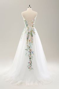 Zapaka Women White Wedding Dress with Slit Strapless 3D Flowers Tulle A-Line Bridal Dress – ZAPAKA