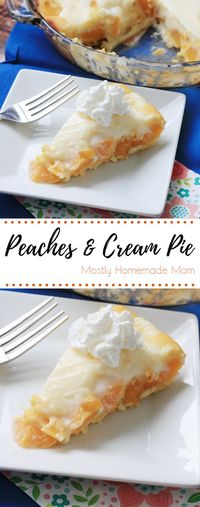 Peaches and Cream Pie - irresistible! With vanilla pudding, cream cheese, and sliced peaches it's the perfect recipe!