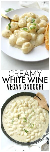 This Creamy White Wine Vegan Gnocchi is a rich and simple meal that will have you coming back for more. Ready in just 20 minutes! | ThisSavoryVegan.com #vegan #plantbased #pasta