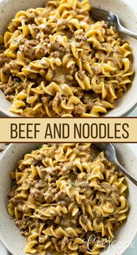 Beef and Noodles is an easy stove top dinner recipe! It can be made with ground beef or beef tips in a creamy brown gravy with cream of mushroom soup and egg noodles.