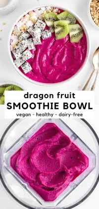 This dragon fruit smoothie bowl is healthy, easy, vegan, and dairy-free! Make this homemade pitaya bowl recipe with 5 ingredients, including banana, mango, raspberries, and plant-based milk. It's a tropical breakfast smoothie that's great for kids and all ages. Add toppings and enjoy it with a spoon! #smoothiebowl #smoothie #smoothierecipe #dragonfruit #pitaya #breakfastideas #breakfastrecipe #veganbreakfast #veganrecipes #dairyfree #mango #banana #raspberry #plantbased